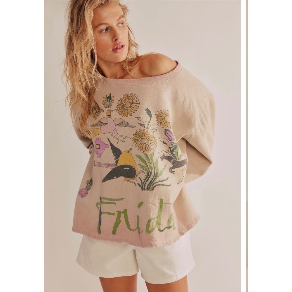 Magnolia Pearl Light Pink Beige Frida Sweatshirt Distressed Flowers Birds NWT OS